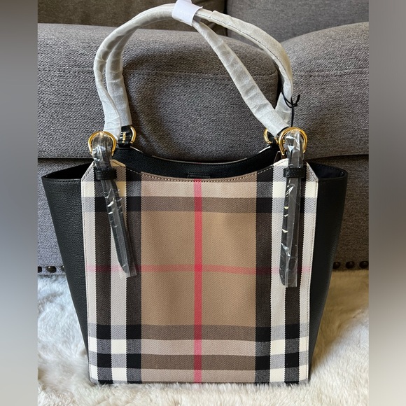 New Burberry Tote Canterbury House Check Derby Canvas Black Leather shou… - Picture 5 of 13